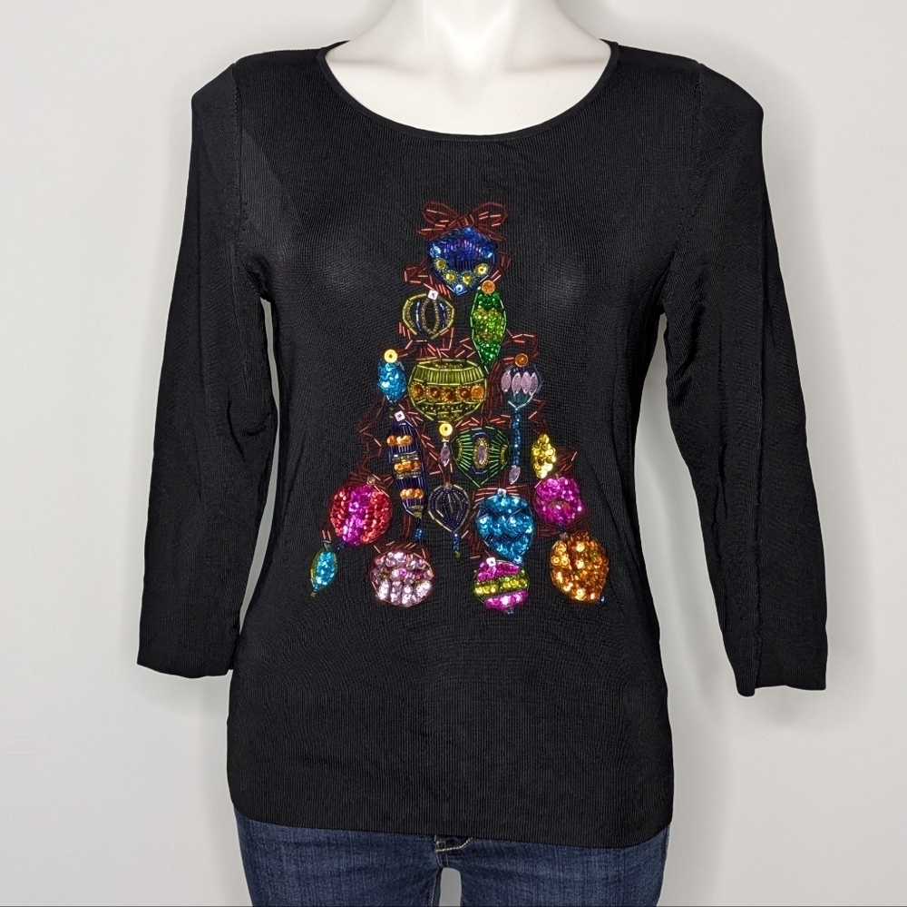 Vintage Lucia Burns Black Colorful Beaded Christmas Tree Ornament 3/4 Sleeve Top